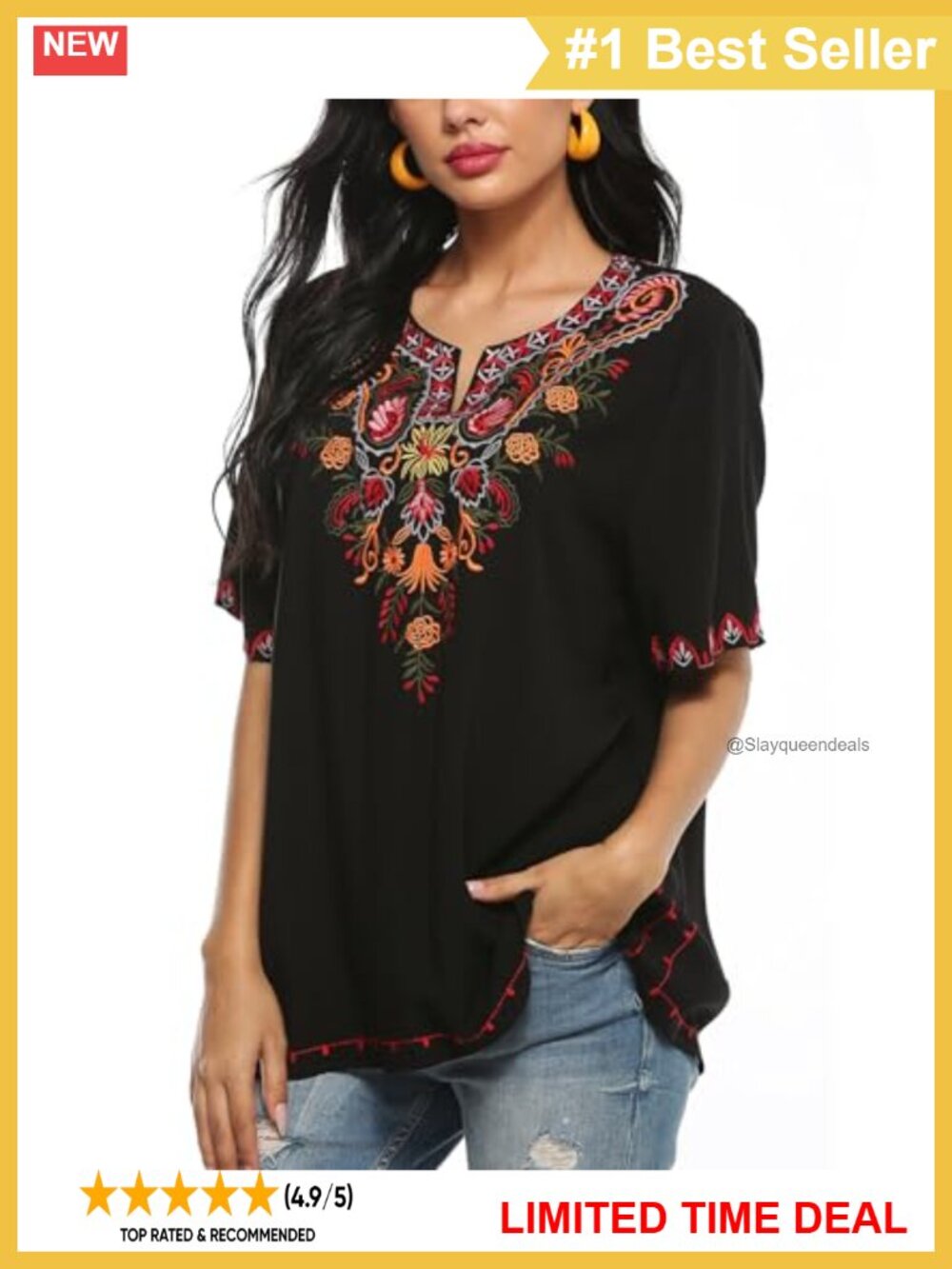Mexican Embroidered Rayon Peasant Tunic Top Floral Boho Blouse